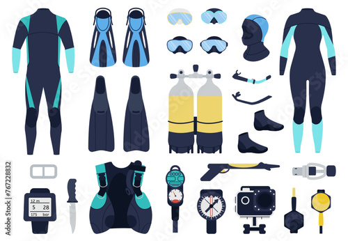 Scuba diving equipment. Divers suits, underwater shoes and masks. Snorkeling elements and tools. Swimming activity accessories, decent vector set