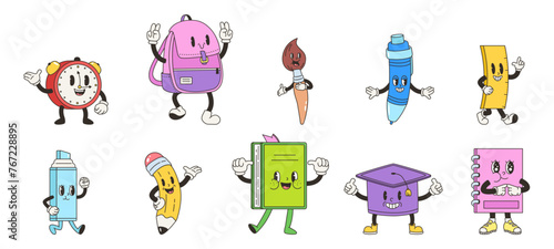 Retro groovy school characters. Emotional funky notebook, pen and book. School bag, marker and brush. Positive stationery snugly vector clipart © MicroOne