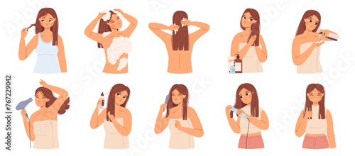 Female hair care. Young woman washing head, using cosmetics and tools. Daily beauty routine. Cartoon girl doing hairstyle, snugly vector concept © MicroOne
