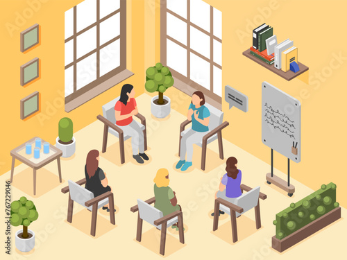 Isometric group therapy. Female support, psychology professional help center. Women talking about problems, girl club. Healthcare flawless vector scene