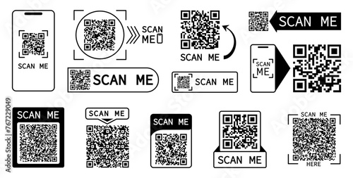 Scan me badges. QR codes in frames for scanning of smartphone. Code for web money transfer, payment bills, online banking. Barcodes decent vector set