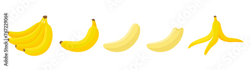 Banana eating step by step process. Bananas, peeled exotic fruit and bitten. Fresh tropical vegan snack. Organic tasty sweet dessert, neoteric vector scene