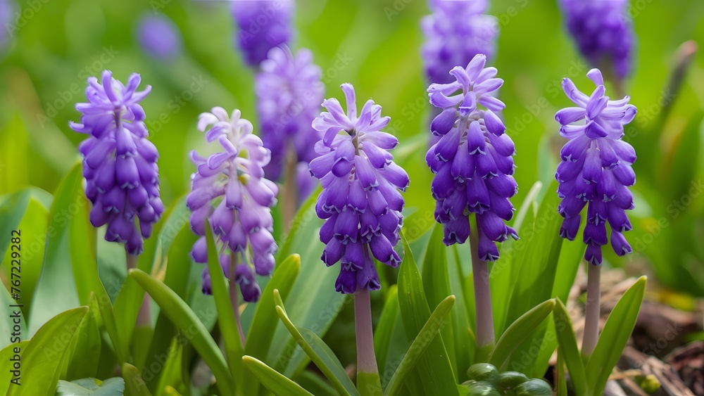 Fototapeta premium Wild grape hyacinths bloom in amazing springtime nature background
