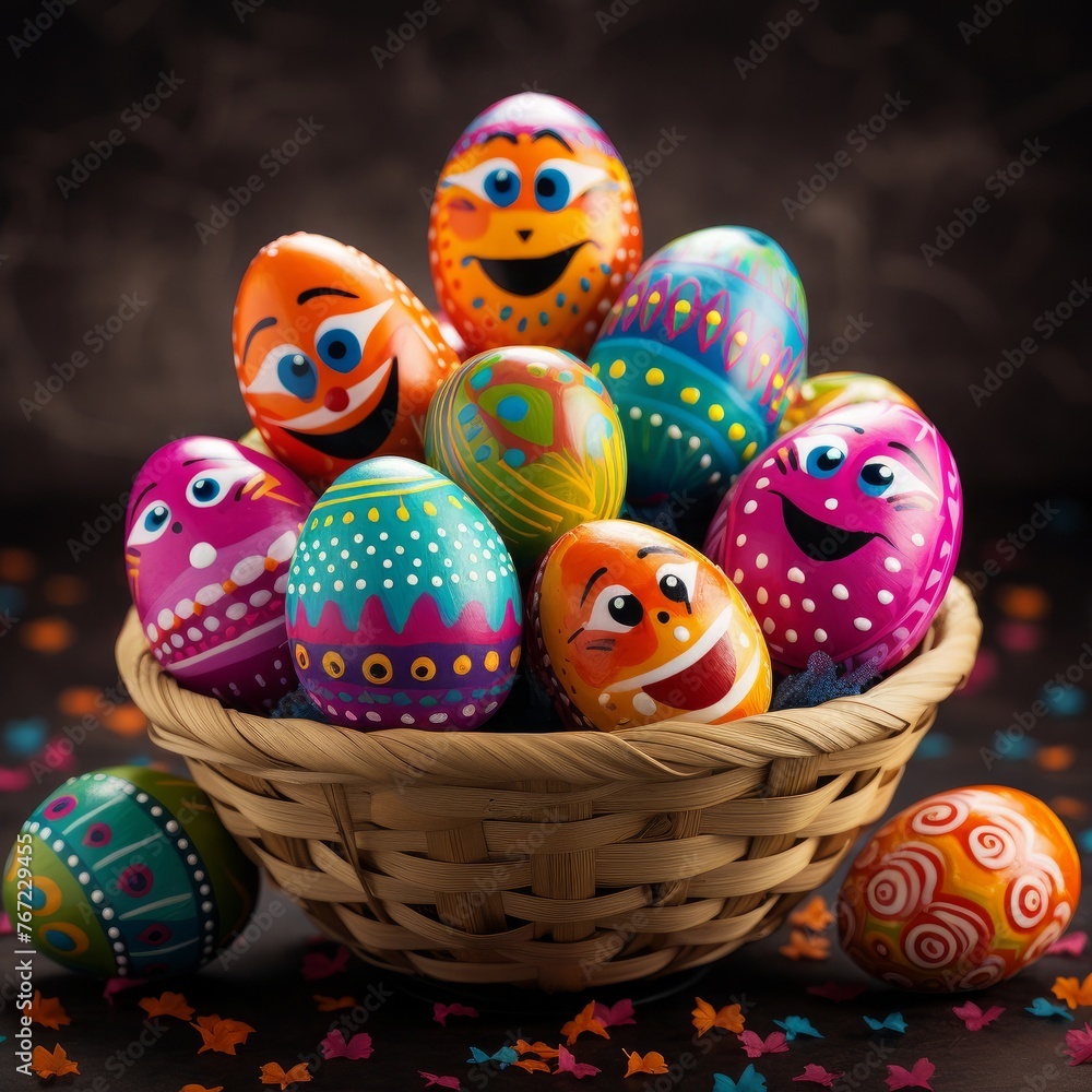 Decorated easter eggs in a basket with colorful happy colors
