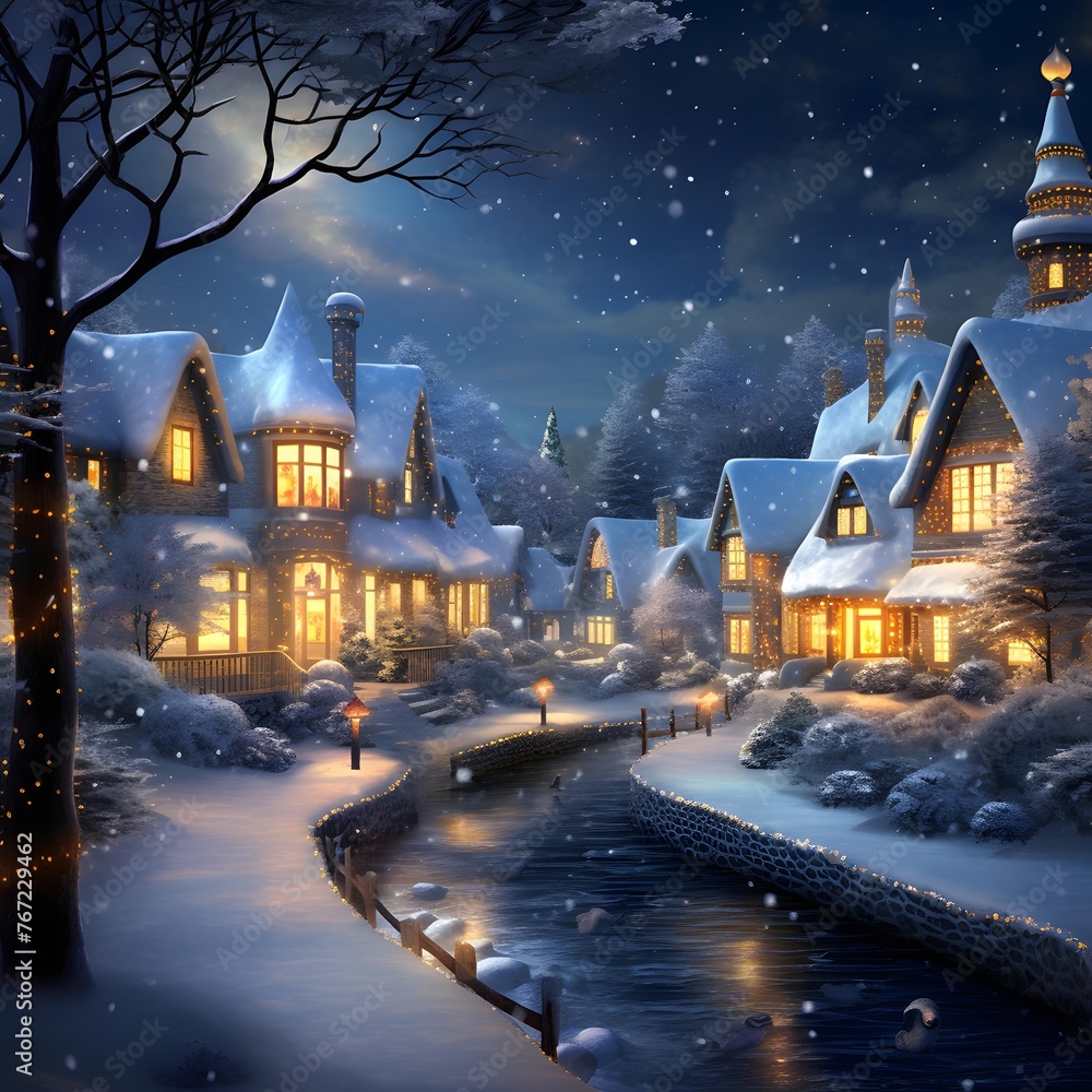 Winter village at night. Winter landscape with houses and river. Digital painting.