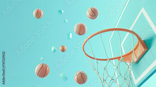 3D rendering of basketballs flying towards the hoop The background is a light blue sky One ball flies out from under an aquamarine backboard photo