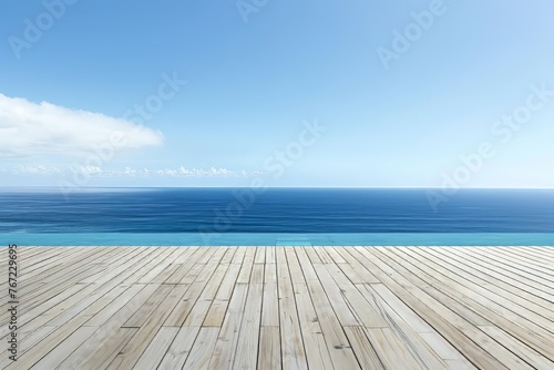 Wooden deck overlooking tranquil ocean © Eitan Baron