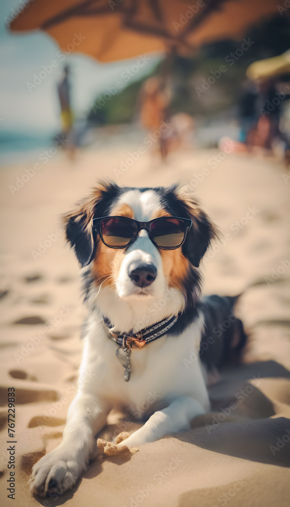 A cool dog wearing sunglasses lounges on the beach with umbrellas in the background. A cool dog wearing sunglasses lounges on the beach with umbrellas in the background.