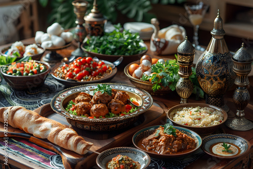 An inviting and warm iftar Ramadan dinner table setting with a variety of delicious and colorful traditional food for a festive celebration