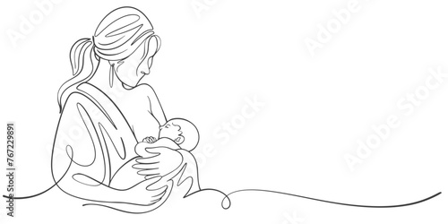 mother and child, line art drawing of woman is breastfeeding a child drawn picture silhouette. Line art. character mother feeds a newborn baby. Mothers day illustration