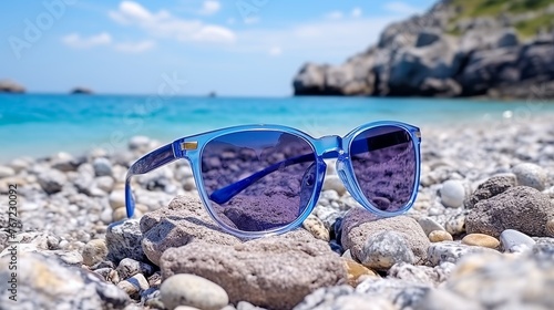 Summer travel vibes sunglasses resting on sandy seashore, perfect concept for summertime vacation