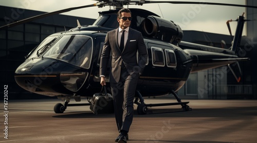 Businessman using helicopter for travel and transportation