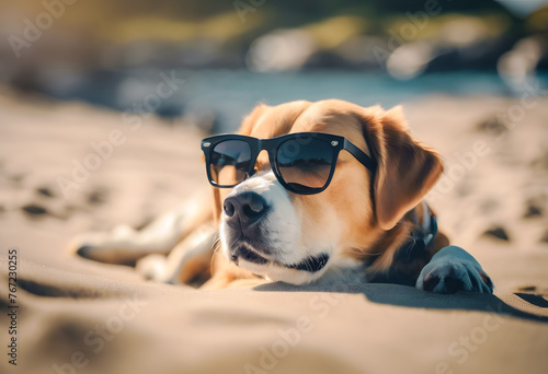 Beagle dog wearing sunglasses relaxing on a sandy beach with a blurred background.
