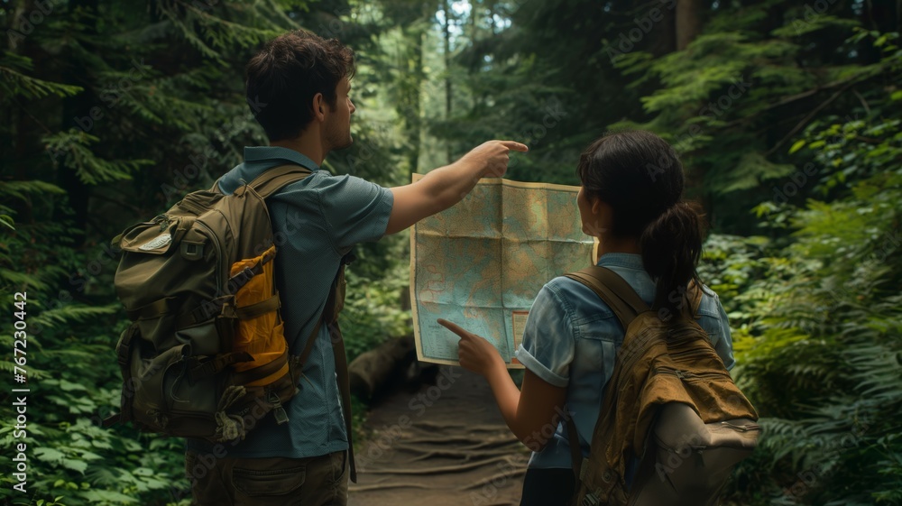 Two hikers using map in dense forest