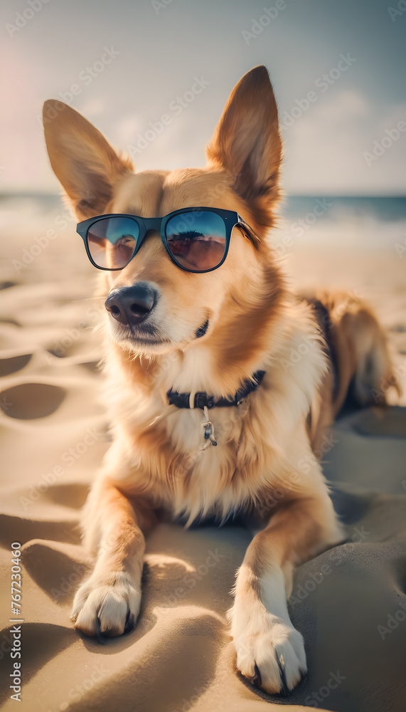 Cool dog wearing sunglasses on a sunny beach.