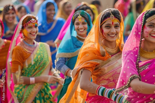 photograph of Festival of Colors: Indian Women Dressed in a multi-colored sari. Have fun dancing Amidst the colorful festival atmosphere It represents beautiful culture and traditions. 