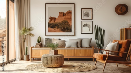 Modern Home Interior: Picture Frame, Warm Tone Furniture, Bohemian Wall Art
