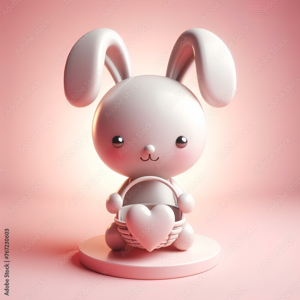 charming bunny playful design, two shiny dots for eyes arch for a smile holding an empty basket heart-shaped base soft pink backdrop charming bunny playful design, two shiny dots for eyes arch for a smile holding an empty basket heart-shaped base soft pink backdrop