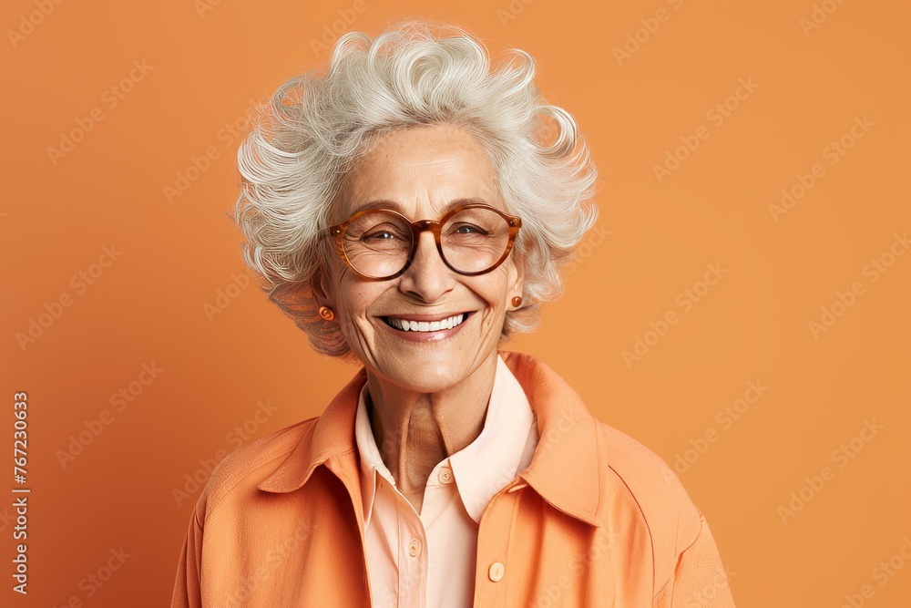 Portrait of happy senior woman in eyeglasses on orange background Portrait of happy senior woman in eyeglasses on orange background