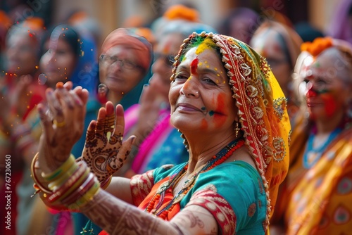  Festival of Colors: Indian Women Dressed in a multi-colored sari. Have fun dancing Amidst the colorful festival atmosphere It represents beautiful culture and traditions.  photo