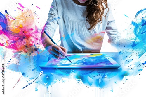 Girl drawing on a digital tablet Depicting digital technology that unleashes creativity, isolated on white background.  © venusvi