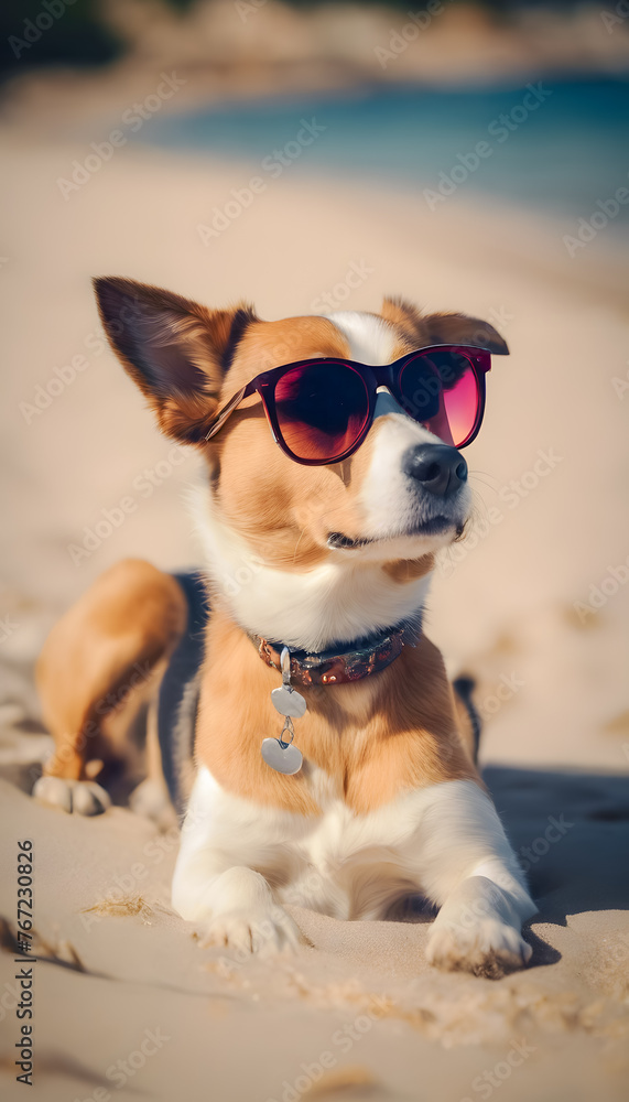 Stylish dog wearing sunglasses on a sunny beach.