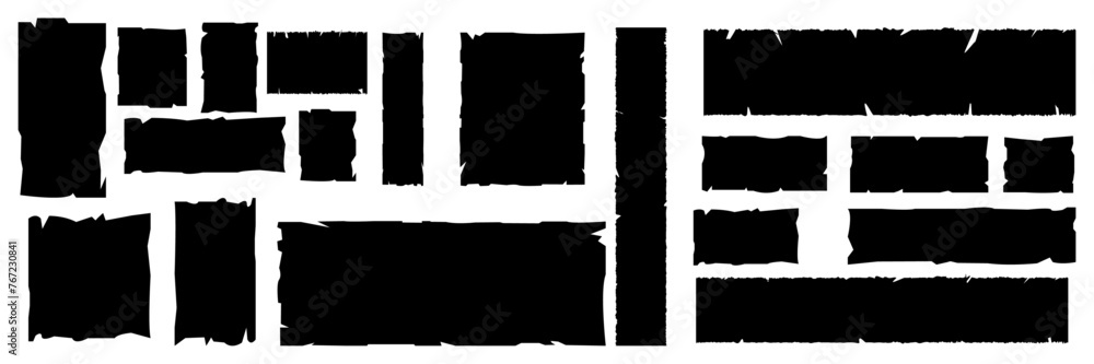 Grunge jagged rectangle shape set. Black torn paper sheet for sticker, collage, banner. Vector illustration isolated on transparent background. - obrazy, fototapety, plakaty 