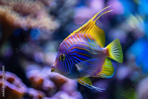Close-up of colorful exotic tropical fish swimming in aquarium, vibrant underwater nature photo