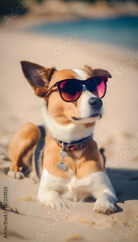 Stylish dog wearing sunglasses on a sunny beach. © Tetlak