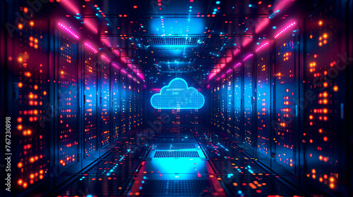A server room filled with racks of servers, with a digital cloud icon floating above them, symbolizing cloud computing photo