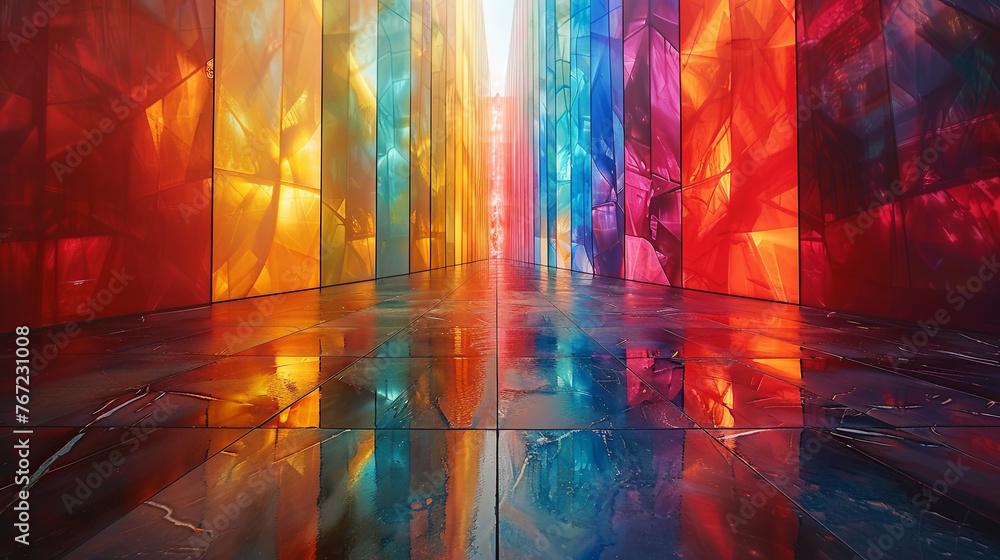 A vibrant rainbow wall decorates a hallway, presenting a spectrum of colors in a progressive, seamless flow