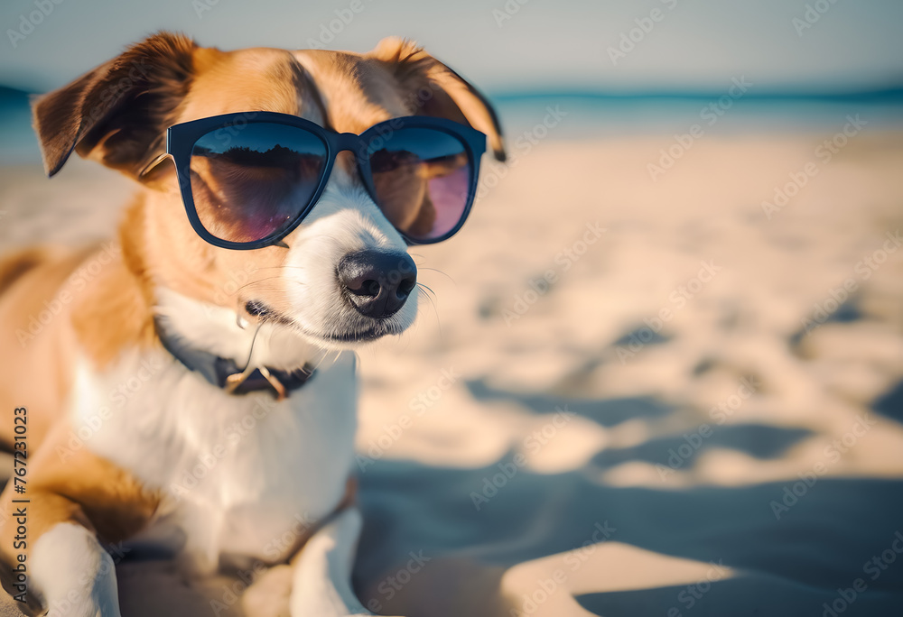 Dog wearing sunglasses on a sunny beach.