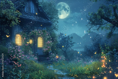 Enchanting moonlit garden with fireflies and blooming flowers, creating a magical atmosphere, digital painting