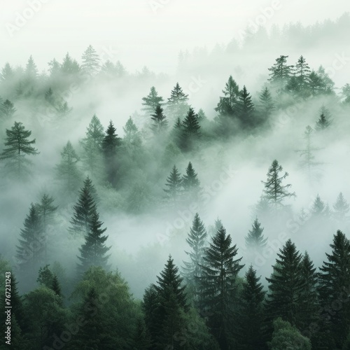 Foggy Forest with Distinct Tree Silhouettes