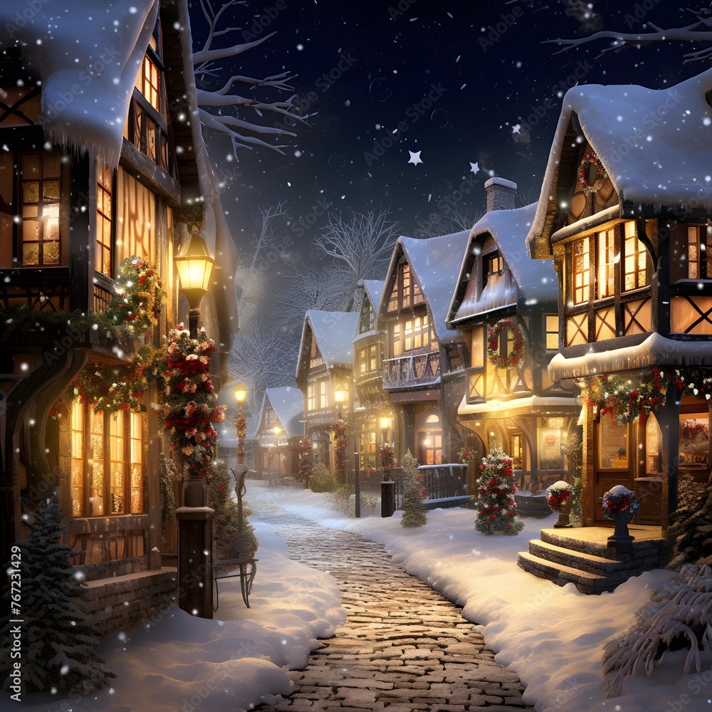 Winter night in the village. Christmas and New Year. 3D illustration