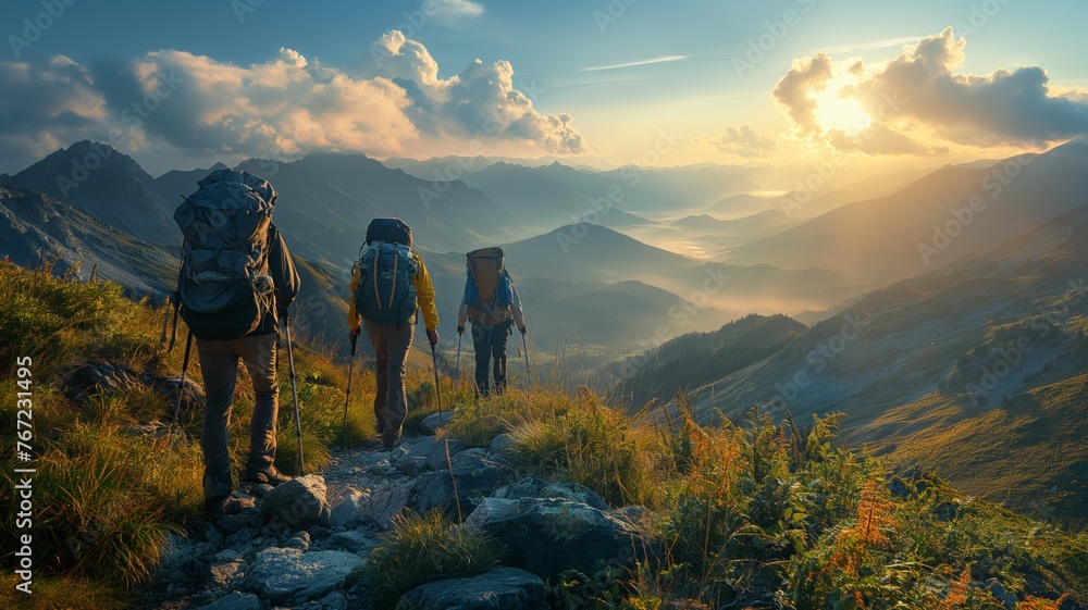 Obraz premium Hikers ascending mountain trail at sunrise
