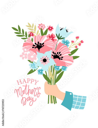 Hand holding bouquet vector illustration