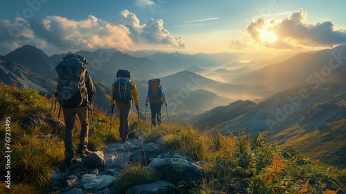 Hikers ascending mountain trail at sunrise