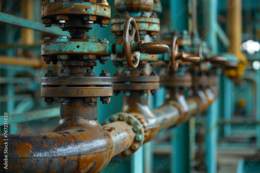 Industrial building piping systems, complex network of pipes and valves, photography