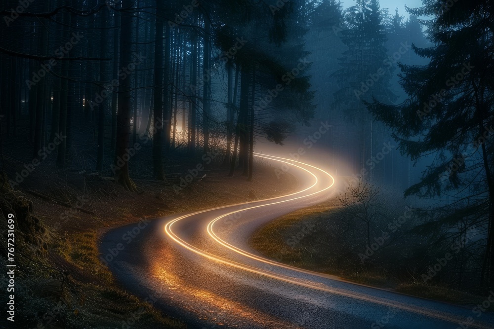 Long exposure of car headlights on winding road through misty pine forest at sunset, landscape photography. Long exposure of car headlights on winding road through misty pine forest at sunset, landscape photography.