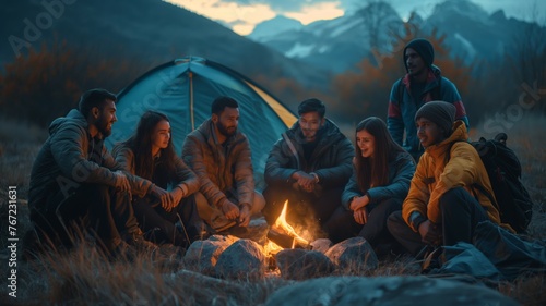 Camping friends by a fire in the mountains