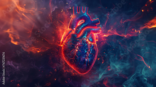 Cardiac Pulse Network: Illuminated Human Heart with Pulsating Blue Data Streams