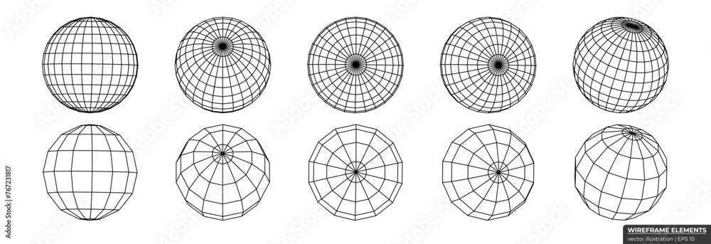 Set of wireframe spheres from different sides. Collection of lowpoly 3D polygonal shapes. Globe Grid Geometry vector illustration Set of wireframe spheres from different sides. Collection of lowpoly 3D polygonal shapes. Globe Grid Geometry vector illustration