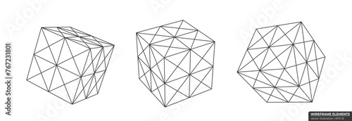 Set of wireframe cube from different sides. Collection of lowpoly 3D polygonal shapes. Cube Grid Geometry vector illustration