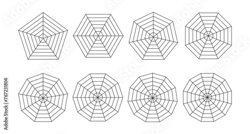 Set of black polar grid. Spider Radar Chart Diagram. pentagon, quadrilateral, hexagon, octagon. Vector illustration.