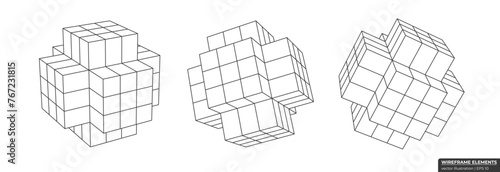 Set of wireframe cube from different sides. Collection of lowpoly 3D polygonal shapes. Cross Grid Geometry vector illustration