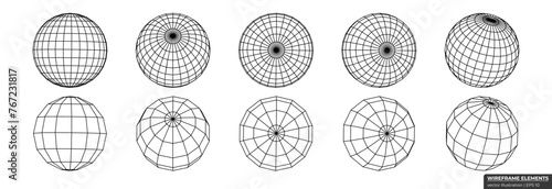 Set of wireframe spheres from different sides. Collection of lowpoly 3D polygonal shapes. Globe Grid Geometry vector illustration photo