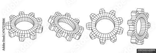 Collection of lowpoly 3D polygonal gears. Abstract 3d wireframe. Gear Grid Geometry vector illustration