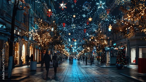 photograph of main road in the city decorated christmas lights People walking and shopping old building scenery black sky decorated with stars It conveys the atmosphere of the festival  happiness and 