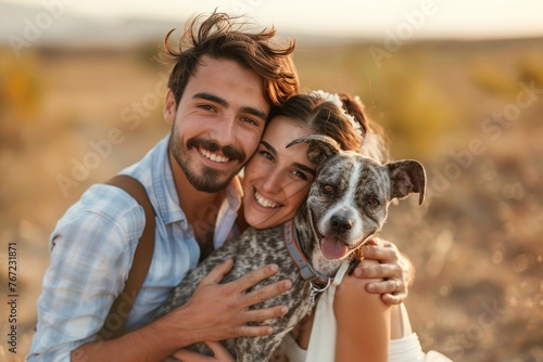 A man and woman are hugging a dog in a field